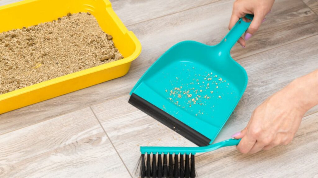 Mulher limpando a caixa de areia do gato com uma escova e pá.