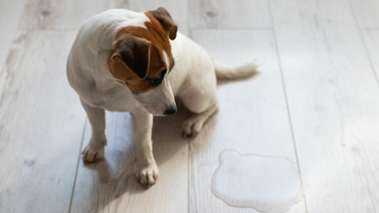 Cachorro olhando para o xixi no chão.