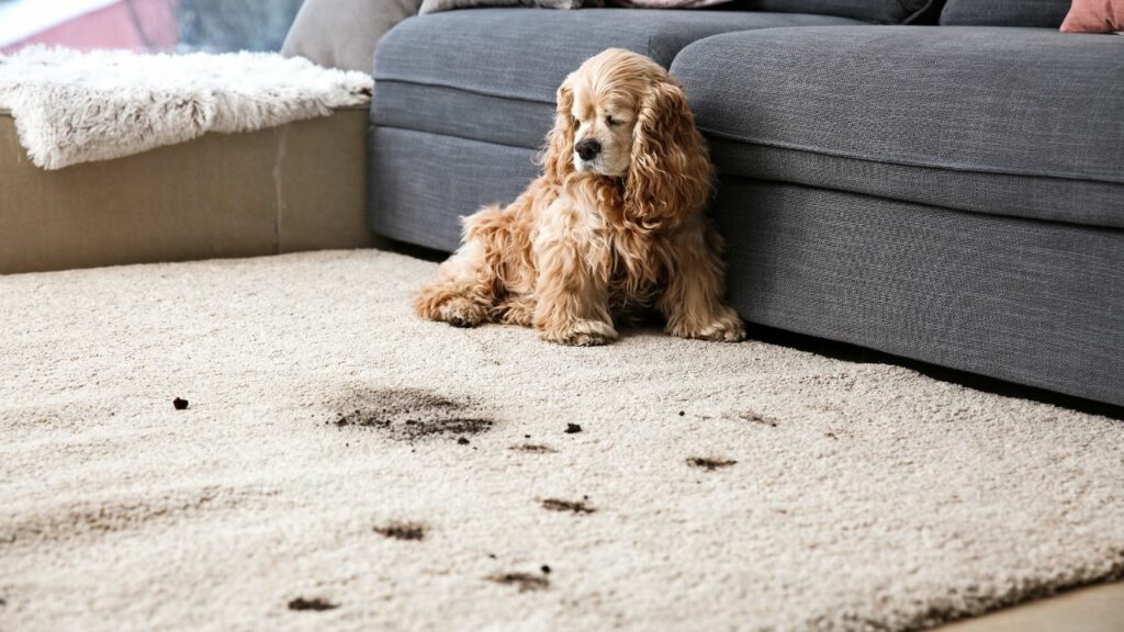 Cachorro sentado no tapete olhando a sujeira.